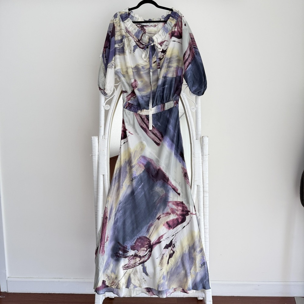 Silvia Tcherassi Dress 6 100% Silk Watercolor Maxi Kaftan Abstract Art Luxury